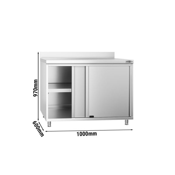 Armoire de travail en inox PREMIUM - 1000x600mm - avec porte coulissante & rebord