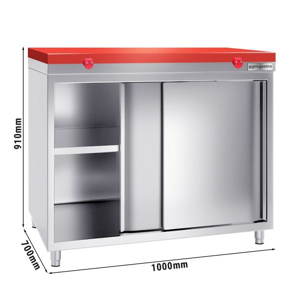 Armoire de travail en inox PREMIUM - 1000x700mm - avec porte coulissante sans rebord y compris plaque de découpe