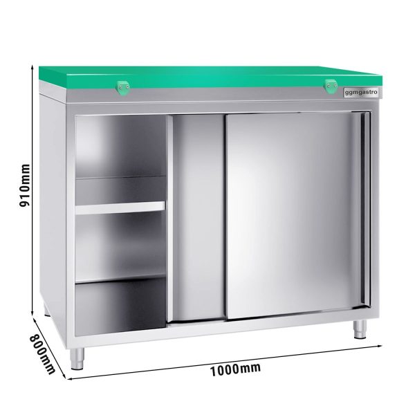 Armoire de travail en inox PREMIUM - 1000x800mm - avec porte coulissante sans rebord y compris plaque de découpe