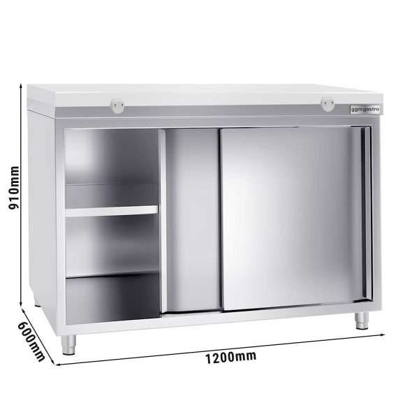 Armoire de travail en inox PREMIUM - 1200x600mm - avec porte coulissante sans rebord y compris plaque de découpe