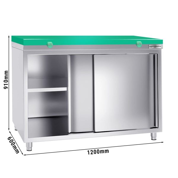 Armoire de travail en inox PREMIUM - 1200x600mm - avec porte coulissante sans rebord y compris plaque de découpe