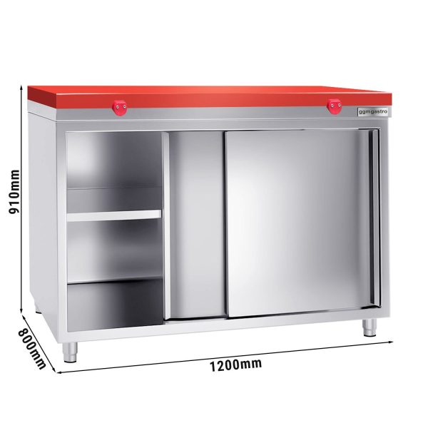 Armoire de travail en inox PREMIUM - 1200x800mm - avec porte coulissante sans rebord y compris plaque de découpe