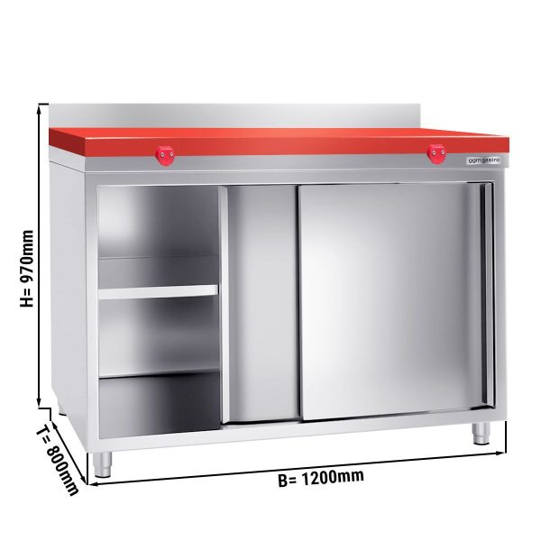 Armoire de travail en inox - 1,2 m - avec porte coulissante & rebord, y compris plaque de découpe en rouge