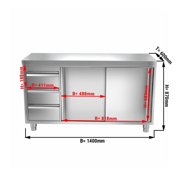 Armoire de travail inox PREMIUM - 1400x600mm - avec 3 tiroirs à gauche sans rebord