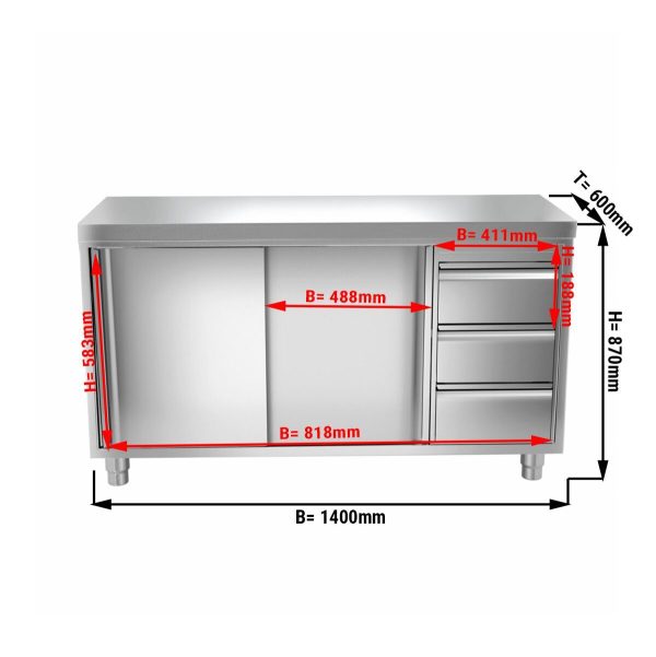 Armoire de travail inox PREMIUM - 1400x600mm - avec 3 tiroirs à gauche sans rebord