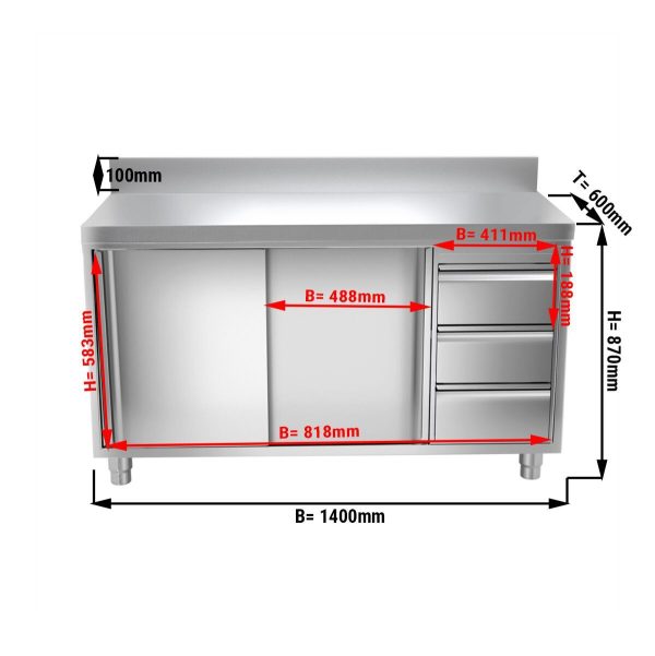 Armoire de travail inox PREMIUM - 1400x600mm - avec 3 tiroirs à droite & rebord