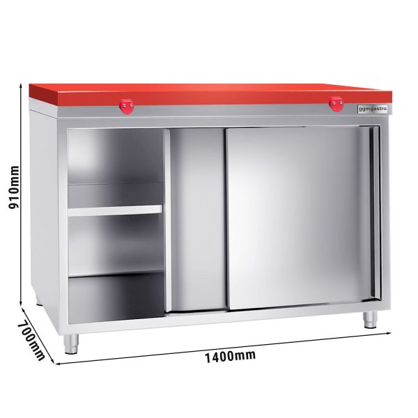 Armoire de travail en inox PREMIUM - 1400x700mm - avec porte coulissante sans rebord y compris plaque de découpe