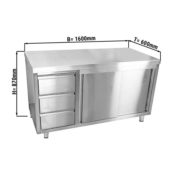 Armoire de travail inox ECO - 1600x600mm - avec 3 tiroirs à gauche sans rebord