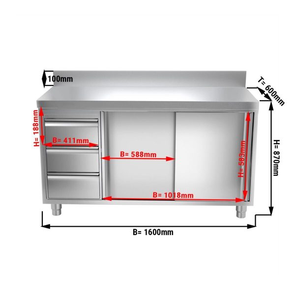 Armoire de travail en inox PREMIUM - 1600x600mm - avec 3 tiroirs à gauche & rebord