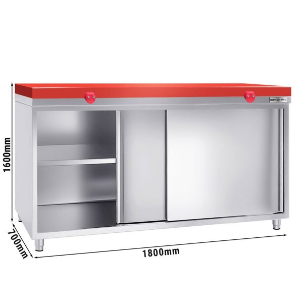 Armoire de travail en inox PREMIUM - 1600x700mm - avec porte coulissante sans rebord y compris plaque de découpe