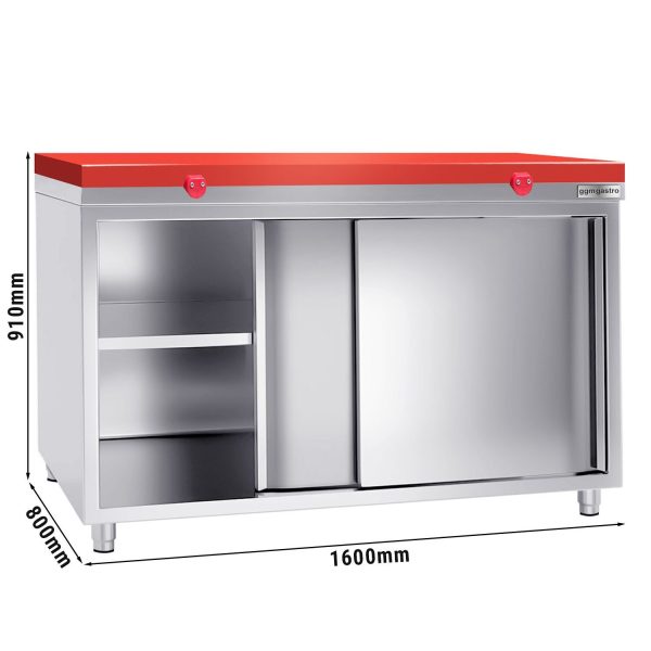 Armoire de travail en inox PREMIUM - 1600x800mm - avec porte coulissante sans rebord y compris plaque de découpe