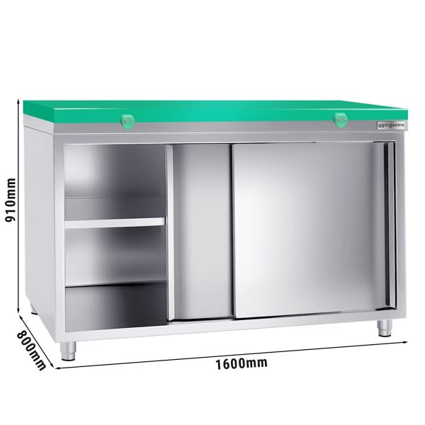 Armoire de travail en inox PREMIUM - 1600x800mm - avec porte coulissante sans rebord y compris plaque de découpe