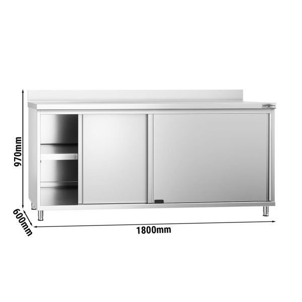 Armoire de travail en inox PREMIUM - 1800x600mm - avec porte coulissante & rebord