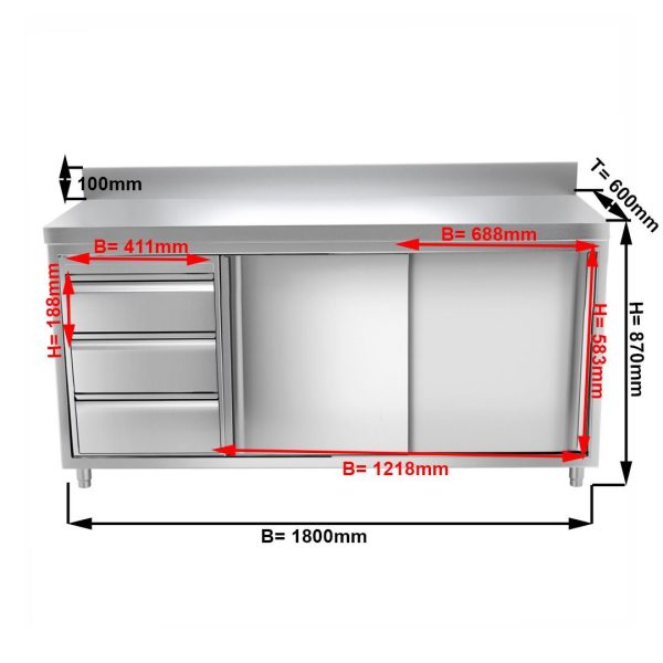 Armoire de travail inox PREMIUM - 1800x600mm - avec 3 tiroirs à gauche & rebord