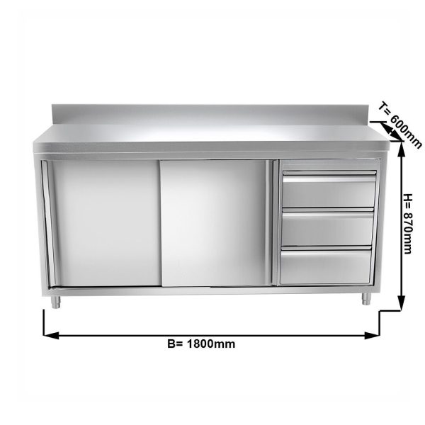 Armoire de travail en inox PREMIUM - 1800x600mm - avec 3 tiroirs à droite & rebord