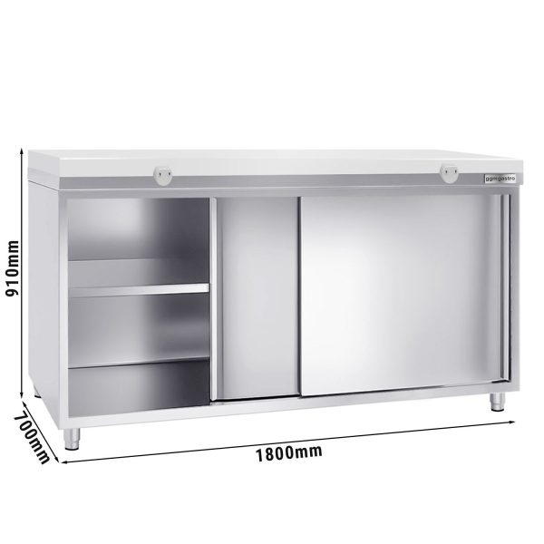 Armoire de travail en inox PREMIUM - 1800x700mm - avec porte coulissante sans rebord y compris plaque de découpe