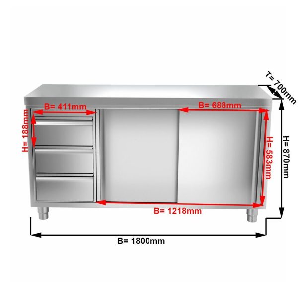 Armoire de travail inox PREMIUM - 1800x700mm - avec 3 tiroirs à gauche sans rebord