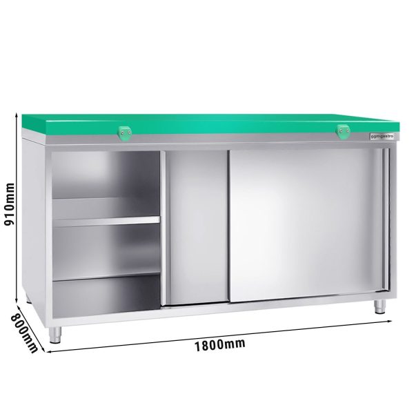 Armoire de travail en inox PREMIUM - 1800x800mm - avec porte coulissante sans rebord y compris plaque de découpe