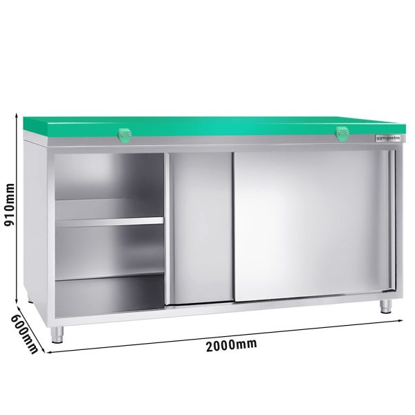 Armoire de travail en inox PREMIUM - 2000x600mm - avec porte coulissante sans rebord y compris plaque de découpe