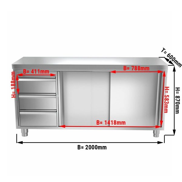 Armoire de travail inox PREMIUM - 2000x600mm - avec 3 tiroirs à gauche sans rebord