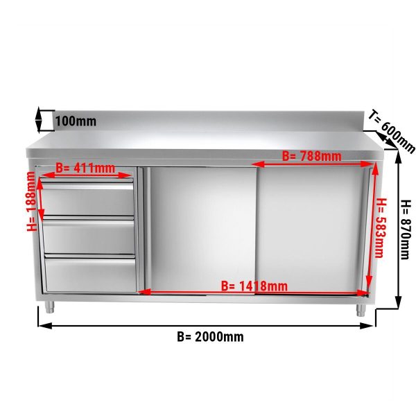 Armoire de travail inox PREMIUM - 2000x600mm - avec 3 tiroirs à gauche & rebord