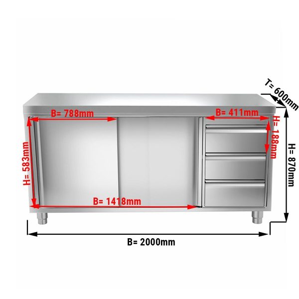 Armoire de travail en inox PREMIUM - 2000x600mm - avec 3 tiroirs à droite sans rebord