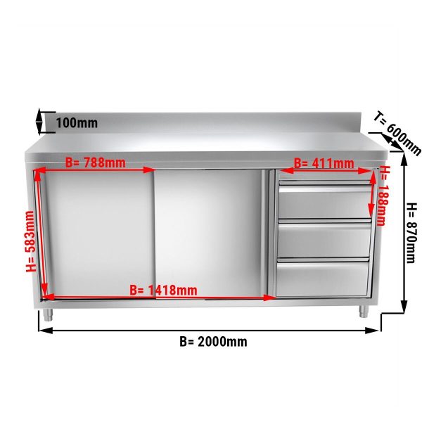 Armoire de travail en inox PREMIUM - 2000x600mm - avec 3 tiroirs à droite & rebord