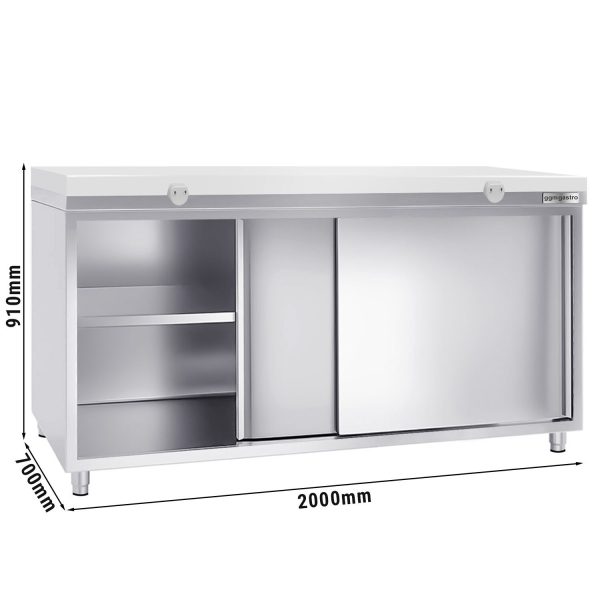 Armoire de travail en inox PREMIUM - 2000x700mm - avec porte coulissante sans rebord y compris plaque de découpe