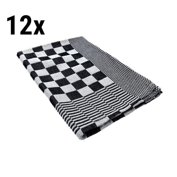 Torchon à vaisselle en coton - 65 x 65 cm - Noir/Blanc en carré -  Lot de 12 pièces