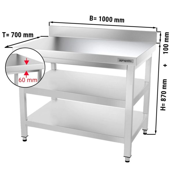 Table de travail en inox PREMIUM - 1000x700mm - avec plancher de base, rebord & plancher intermédiaire