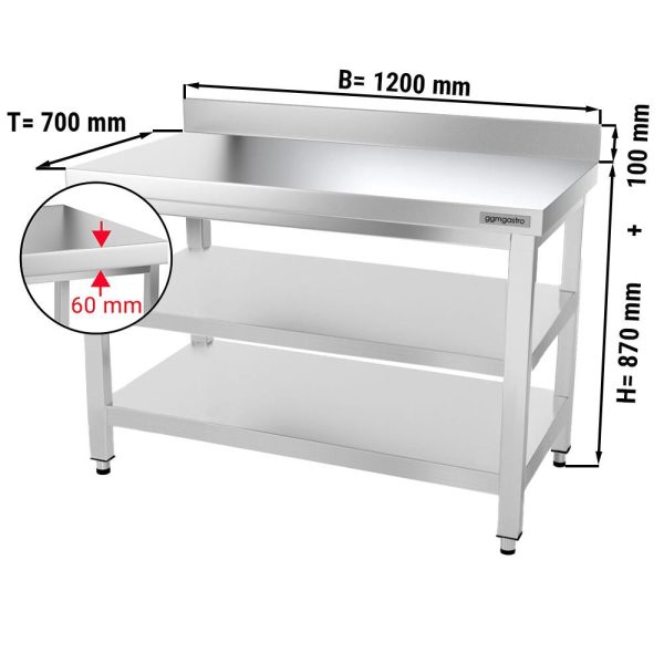 Table de travail en inox PREMIUM - 1200x700mm - avec plancher de base, rebord & plancher intermédiaire