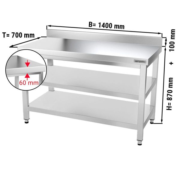 Table de travail en inox PREMIUM - 1400x700mm - avec plancher de base, rebord & plancher intermédiaire