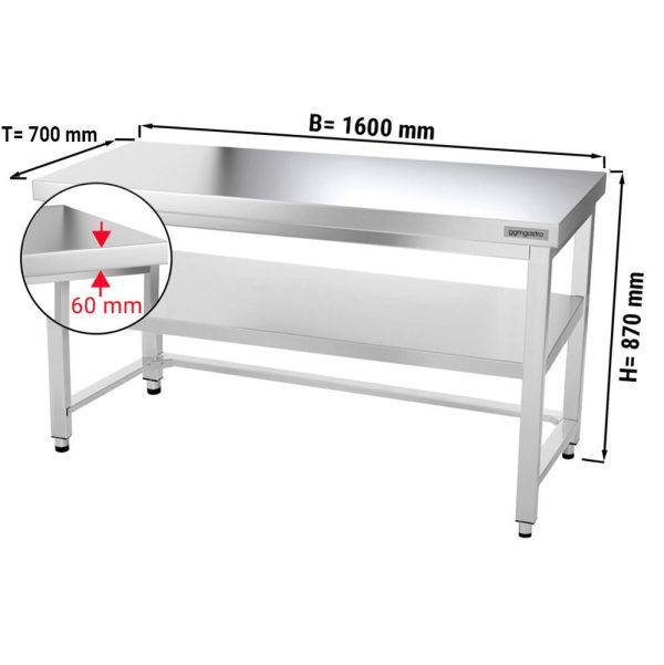 Table de travail en inox PREMIUM - 1600x700mm - avec fond de base & entretoise