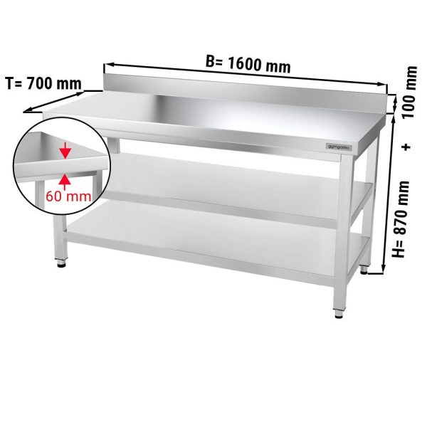 Table de travail en inox PREMIUM - 1600x700mm - avec plancher de base, rebord & plancher intermédiaire