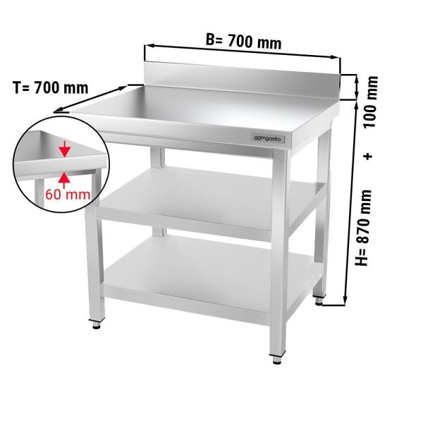 Table de travail en inox PREMIUM - 700x700mm - avec plancher de base, rebord & plancher intermédiaire