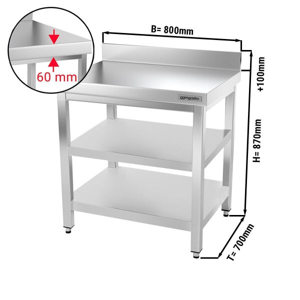 Table de travail en inox PREMIUM - 800x700mm - avec fond de base, rebord & étagère intermédiaire