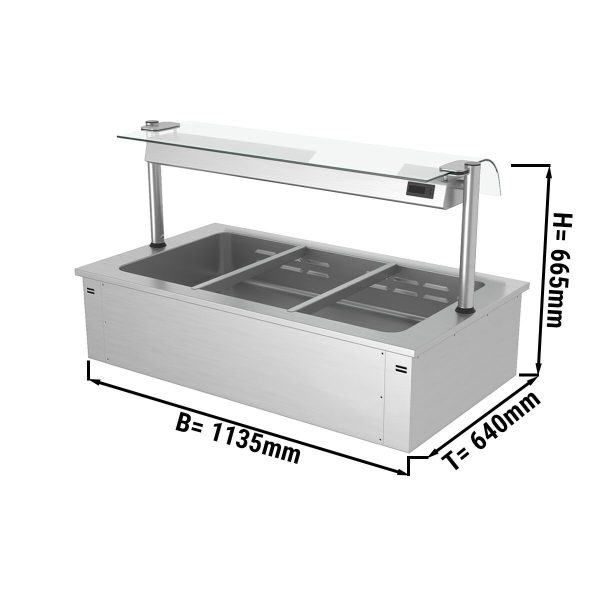 Bain-marie encastrable - 1,1m - 3x GN 1/1 - avec protection hygiénique en verre