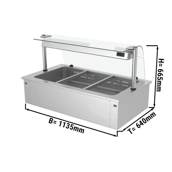 Bain-marie encastrable - 1,1m - 3x GN 1/1 - avec protection hygiénique en verre