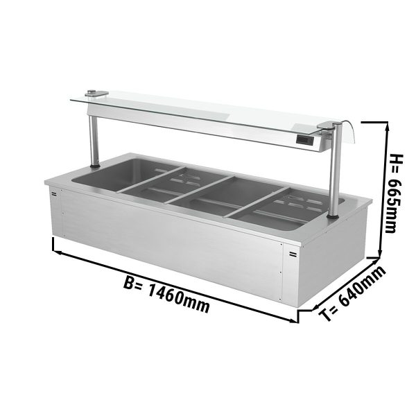 Bain-marie encastrable - 1,5m - 4x GN 1/1 - avec pare-haleine en verre