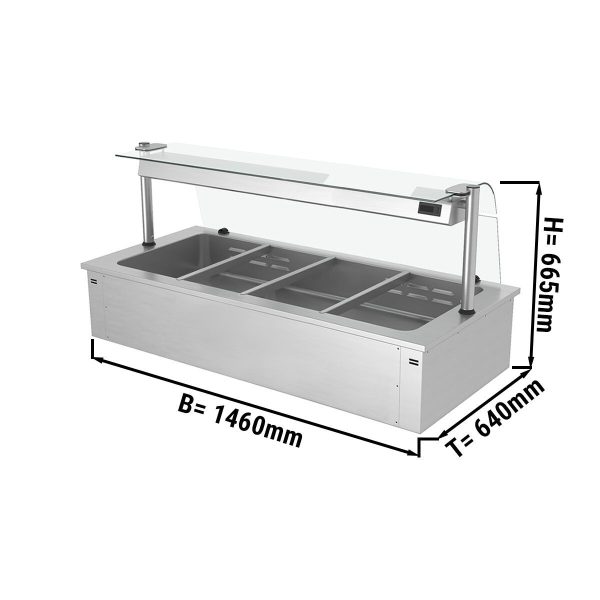 Bain-marie encastrable - 1,5m - 4x GN 1/1 - avec pare-haleine en verre