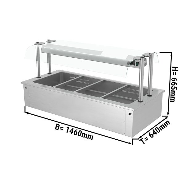 Bain-marie encastrable - 1,5m - 4x GN 1/1 - avec pare-haleine en verre