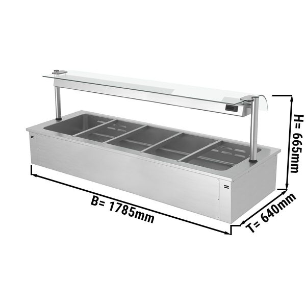 Bain-marie encastrable - 1,8m - 5x GN 1/1 - avec protection hygiénique en verre