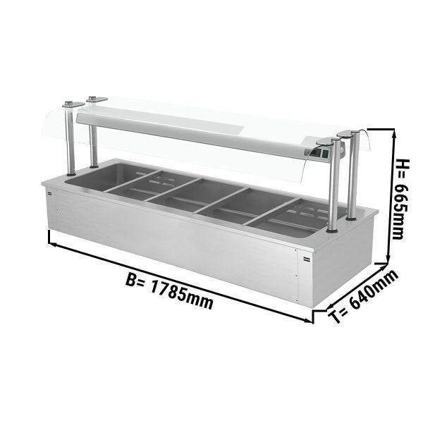 Bain-marie encastrable - 1,8m - 5x GN 1/1 - avec protection hygiénique en verre