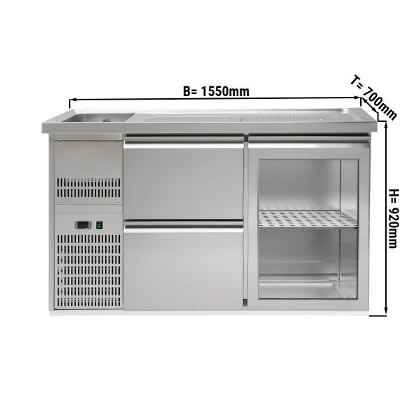 Comptoir à bière Premium PLUS - 1550x700mm - 1 porte vitrée & 2 tiroirs