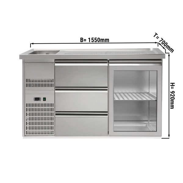 Comptoir à bière Premium PLUS - 1550x700mm - 1 porte vitrée & 3 tiroirs