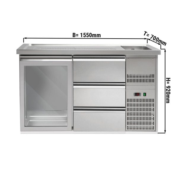 Comptoir à bière Premium PLUS - 1550x700mm - 1 porte vitrée & 3 tiroirs