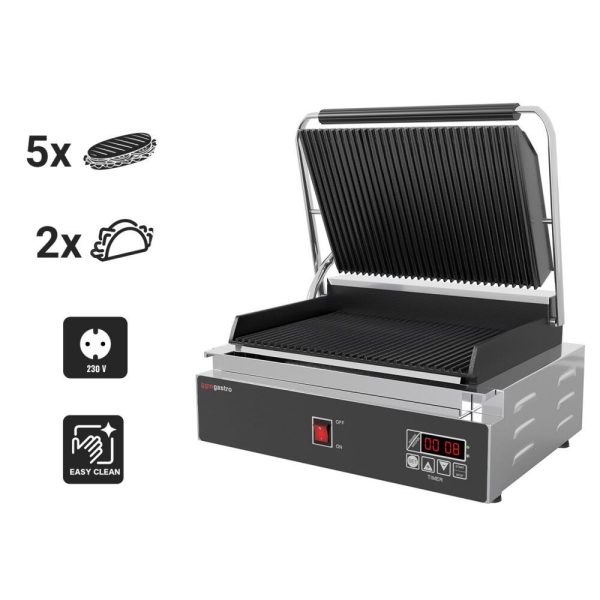 Grill de contact - 2,2 kW - Digital - Rainuré en haut et en bas - Surface de cuisson : 350x240mm