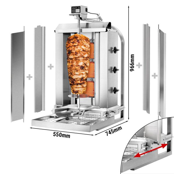 Grill gyros/döner à gaz - Mobile - 3 brûleurs - max. 40 kg - incl. tôle de protection & Portes battantes