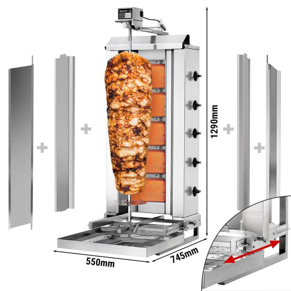 Grill gyros/döner à gaz - Mobile - 5 brûleurs - max. 80 kg - incl. tôle de protection & Portes battantes