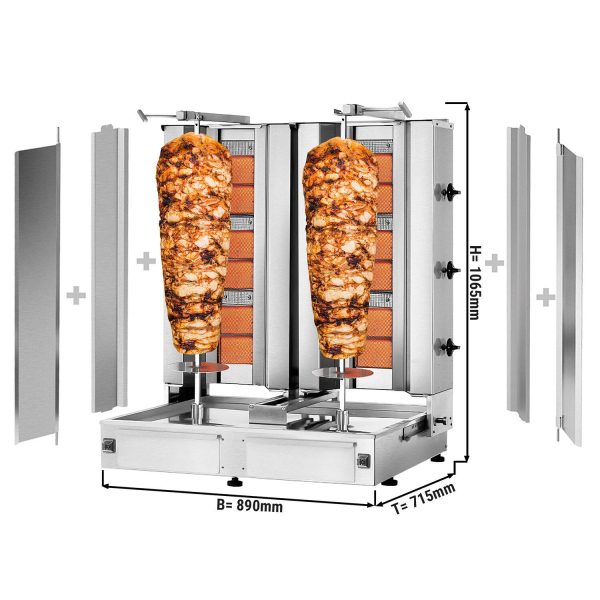 Grill gyros/döner à gaz - 3+3 brûleurs - max. 80 kg - incl. tôle de protection & Portes battantes